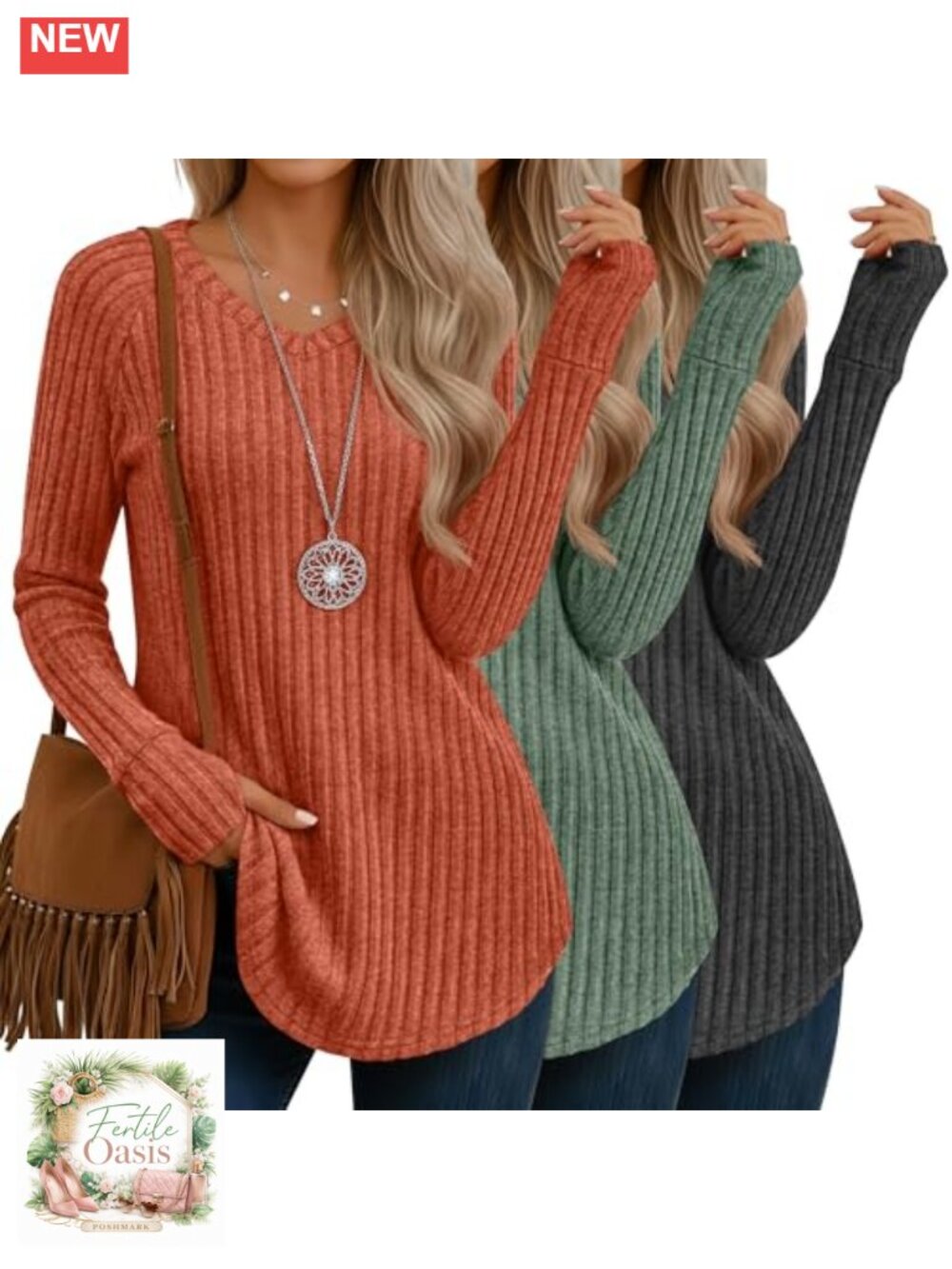 Women's V Neck Ribbed Sweater Long Sleeve Tunic with Thumbholes Fall Knit